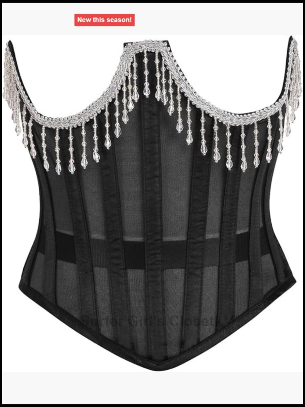 Steel Boned Sheer Underwire Waist Cincher Corset with Fringe Lace-Up Back